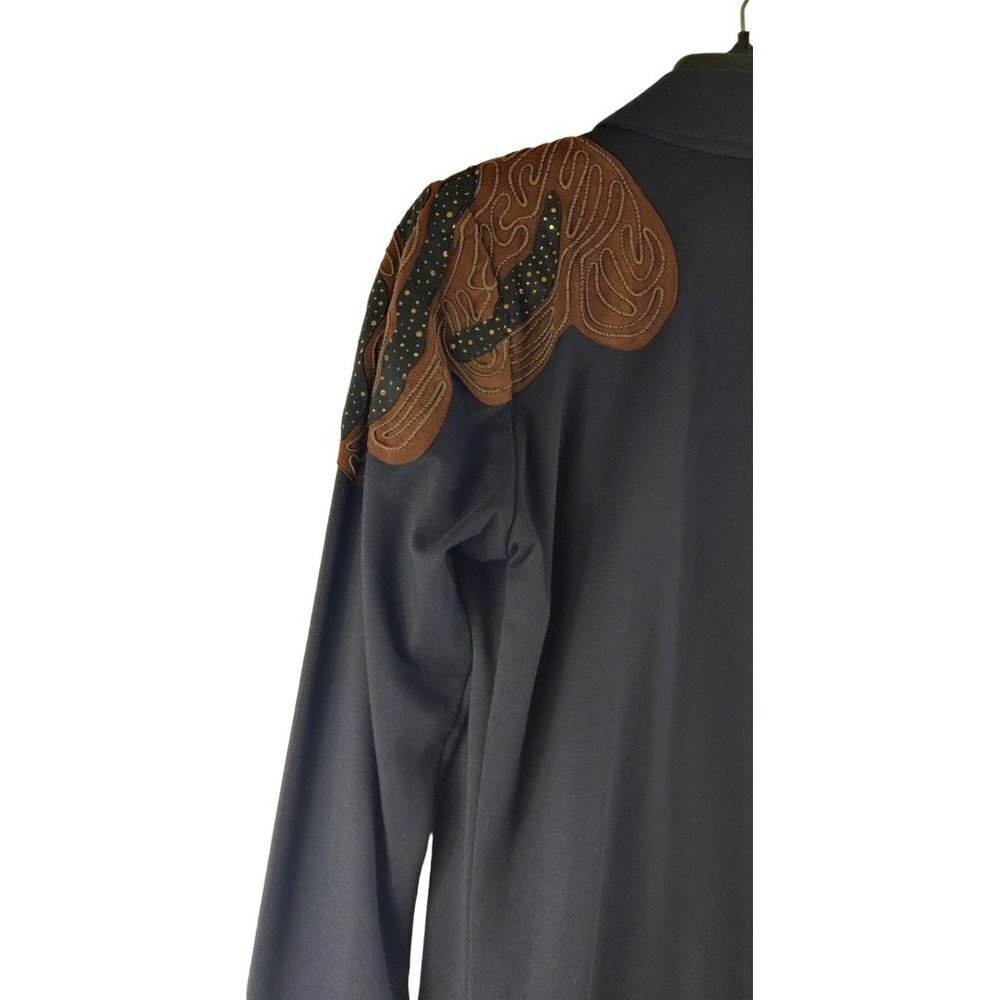 Vtg 80s Black Blazer Leather Shoulder Accent Knit Sz M Karina Open Front Jacket - Picture 5 of 10